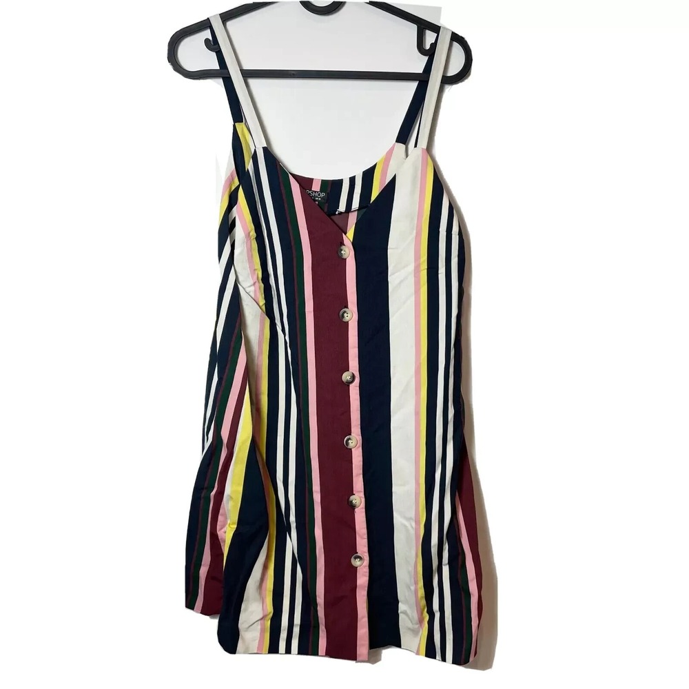 TOPSHOP Button Front Striped Mini Dress Womens Size 6 Sleeveless Spaghetti Strap